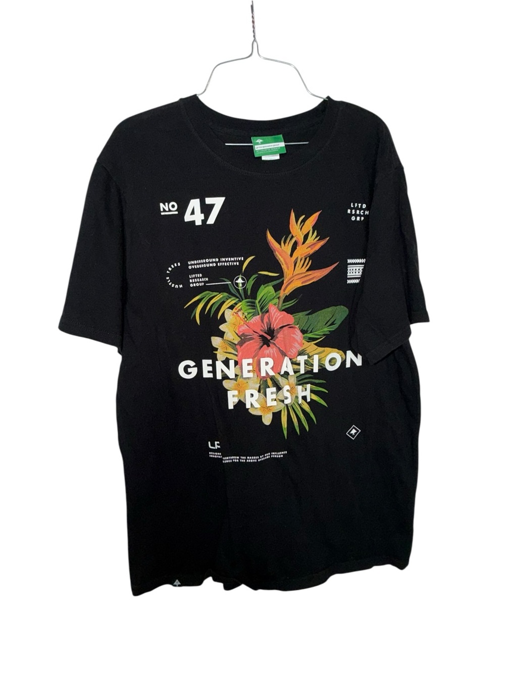 Lrg Black Tee with Tropical Floral 'Generation Fresh' Graphic